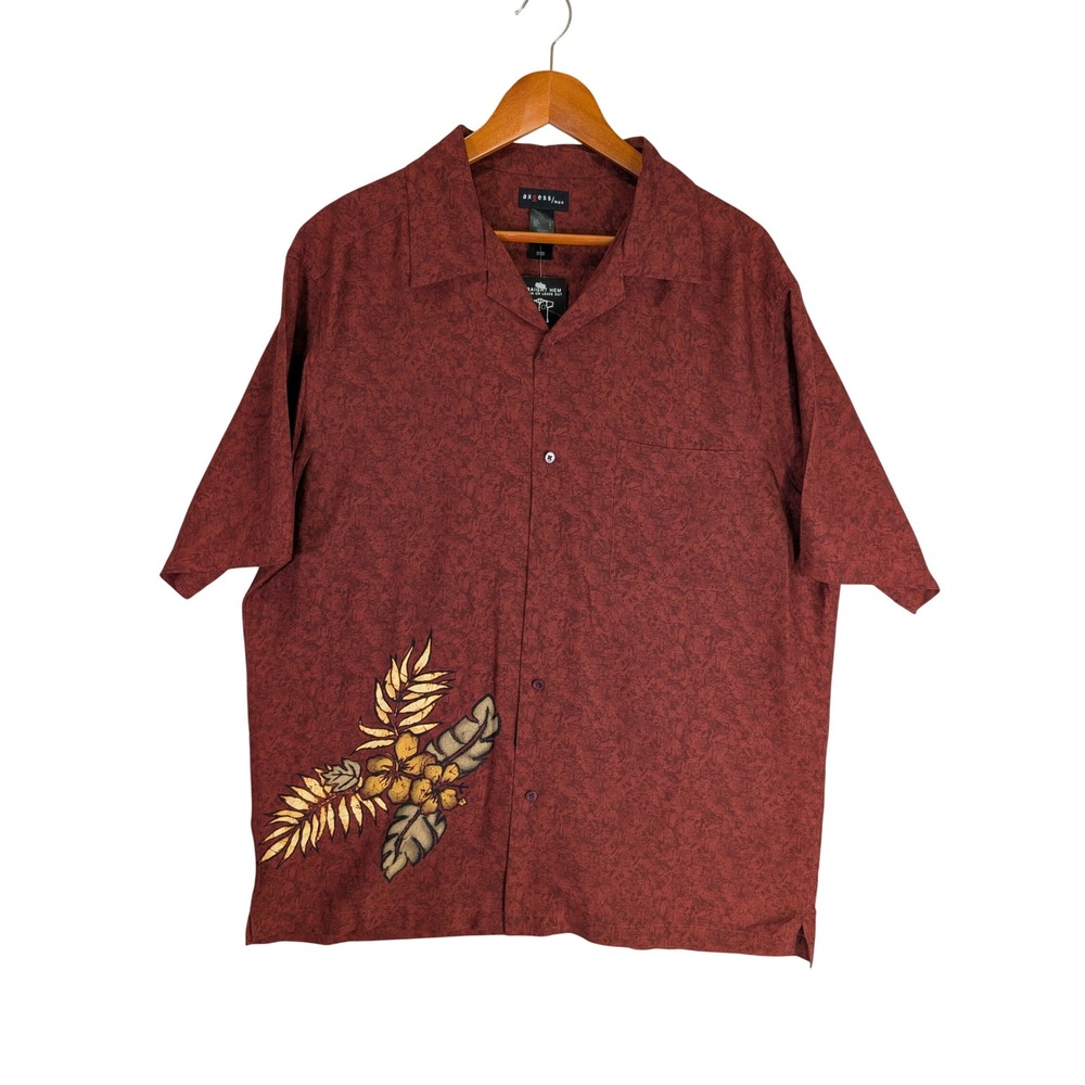 Axcess Men Burgundy Rayon Floral Embroidered Short Sleeve Button Down Shirt L